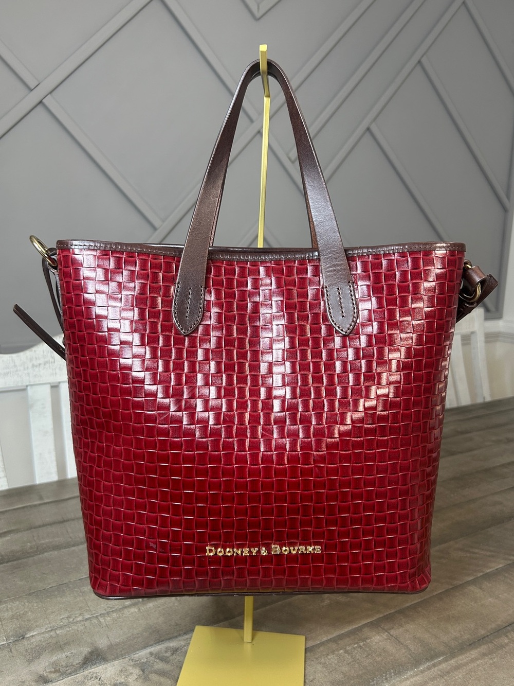 Dooney & Bourke Claremont Lilliana Woven Leather Tote Bag Red Brown Trimmed